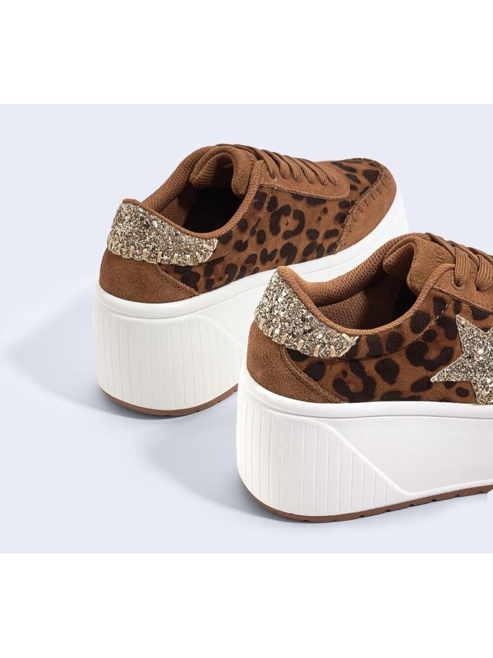 Women's Leopard Platform Chunky Fashion Star Glitter Sparkly Wedge Sneakers - Picture 6 of 6